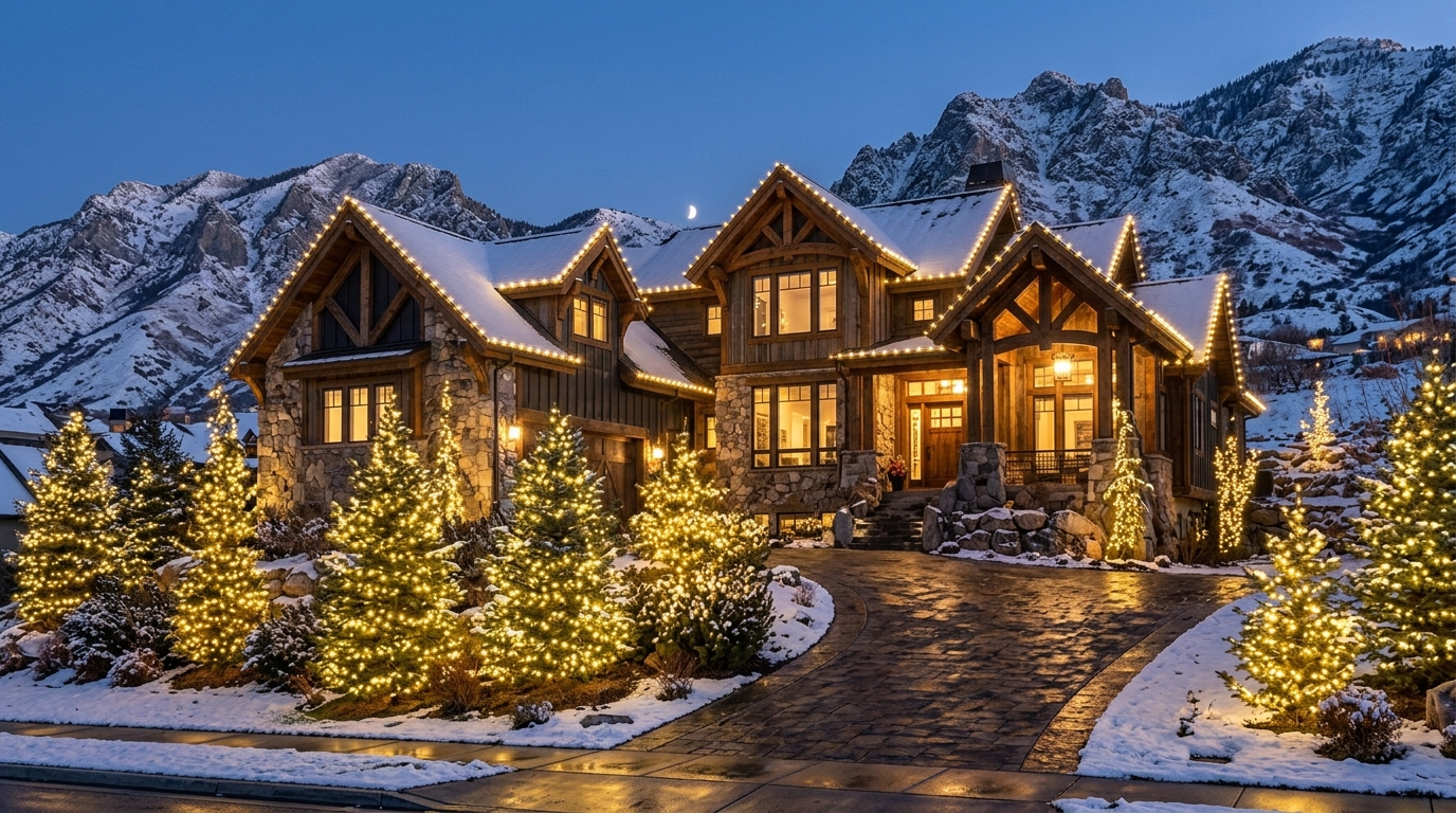 Home decorated with classic warm white holiday lights